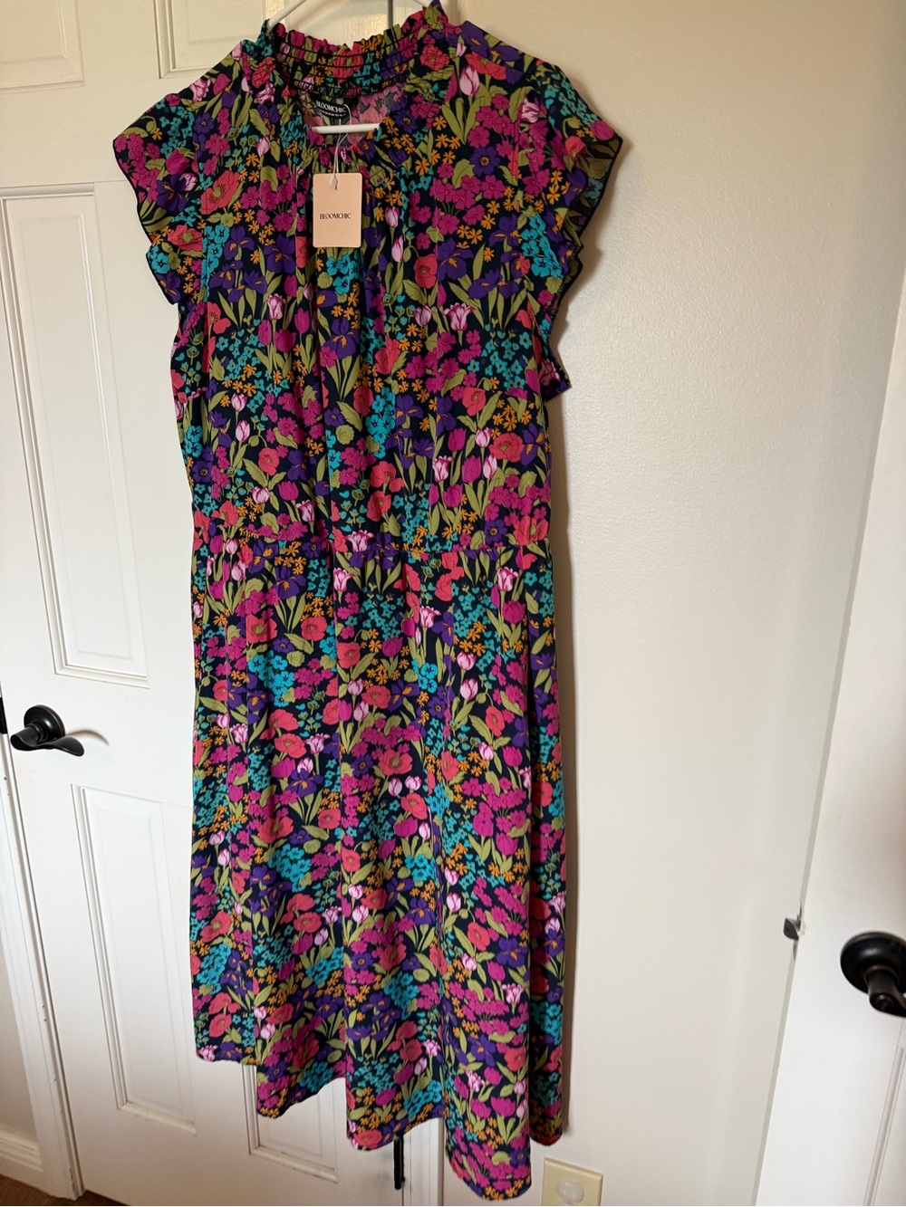 BloomChic Floral Midi Dress in Black with Pink, Teal & Purple Flowers